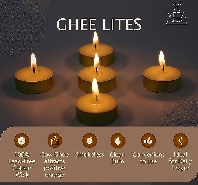 Welburn Veda&Co™ Ghee Lites - Pack of 25, Upto 4 Hours Burning Time, Pure Cow Ghee Blended Diyas in Beautiful Gold Color Cup for Daily Puja, Pooja, Home & Temple, Unscented & Long Lasting