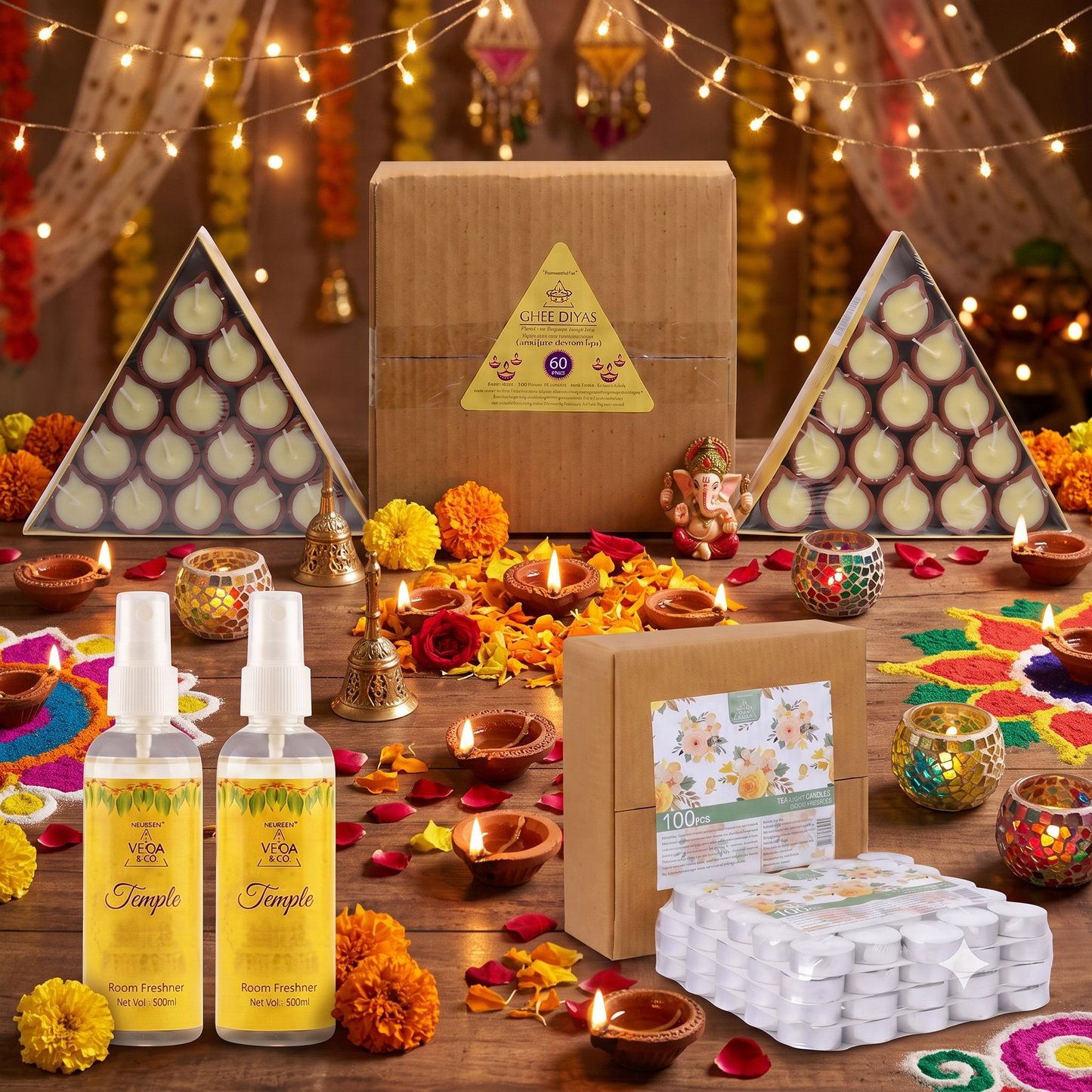 Combo - Pure Cow Ghee Diya (60 pcs) Tealight Candles (100 pcs) & Temple Fragrance Puja Spray