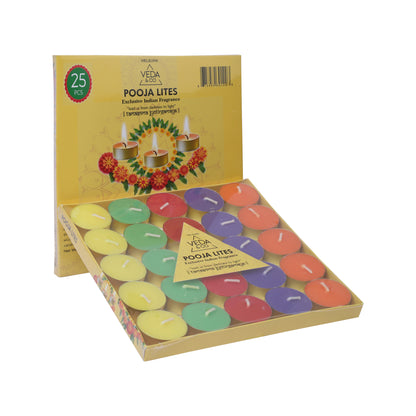 Welburn Veda&Co™ Pooja Lites - Pack of 25, Upto 4 Hours Burning Time, Diyas Made with Deepam Oils and Blend of Natural Waxes, Temple Bells Fragrance for Puja, Pooja, Home & Temple (Multicolor)