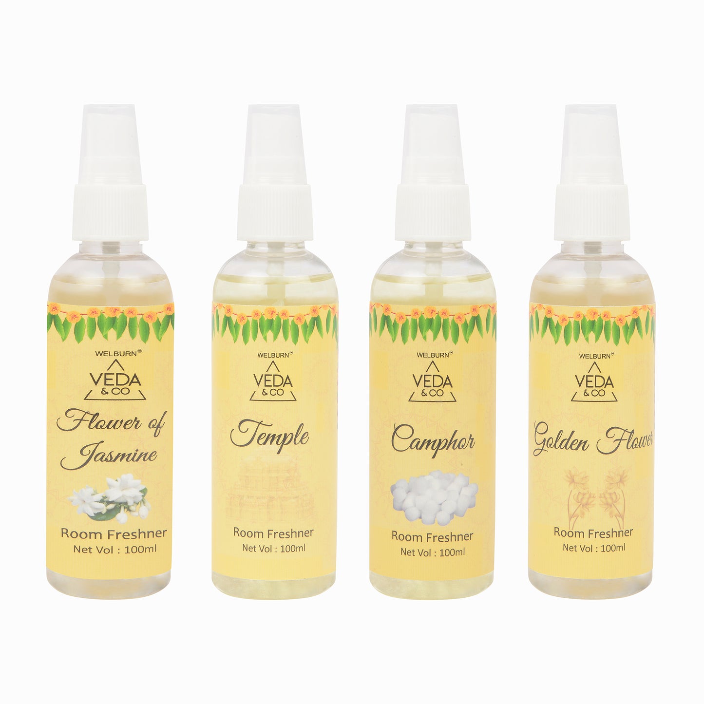 Room Freshener for Puja - Combo Pack of 4 (100ml each) | Jasmine, Camphor, Golden Flower & Temple Fragrance | Long Lasting Air Freshener for Home & Office