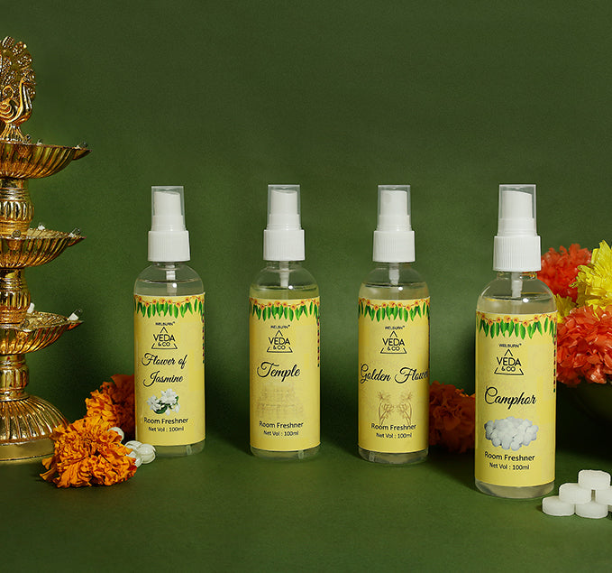 Room Freshener for Puja - Combo Pack of 4 (100ml each) | Jasmine, Camphor, Golden Flower & Temple Fragrance | Long Lasting Air Freshener for Home & Office