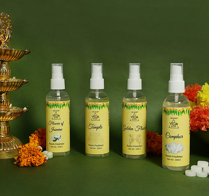 Room Freshener for Puja - Combo Pack of 4 (100ml each) | Jasmine, Camphor, Golden Flower & Temple Fragrance | Long Lasting Air Freshener for Home & Office