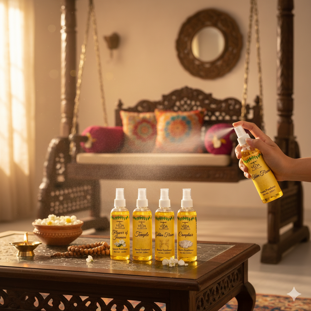 Puja spray set of 4 fragrance room fresheners – jasmine camphor golden flower temple