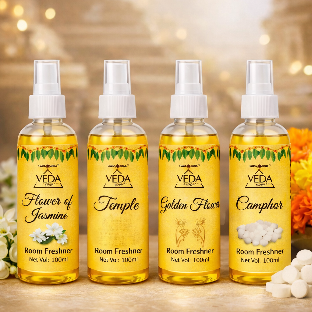 Puja spray combo pack of 4 – all fragrance bottles front view