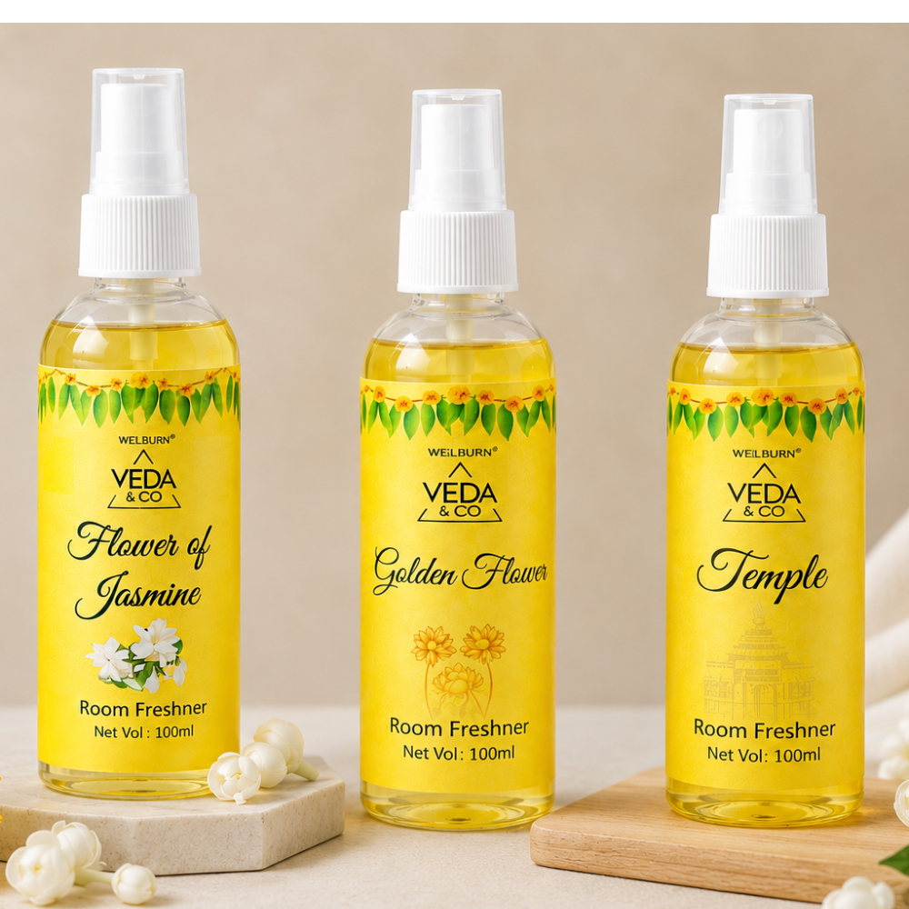 Room Freshner Combo Pack of 3 – Jasmine, Golden Flower & Temple Fragrance Room Freshener (100ml each)