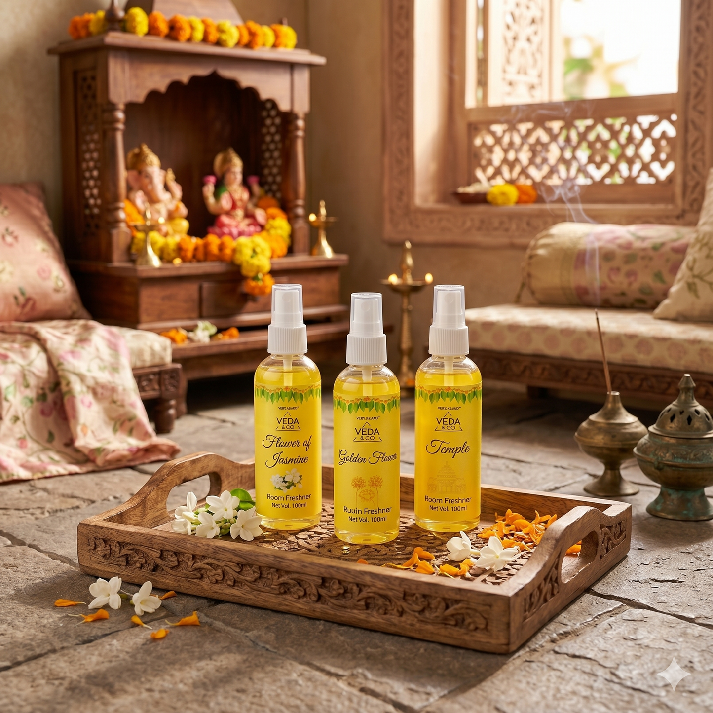 Room Freshner Combo Pack of 3 – Jasmine, Golden Flower & Temple Fragrance Room Freshener (100ml each)