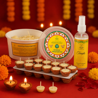 Combo - Pure Cow Ghee Diya ,Nagchampa Scented Ghee Batti (100 Pcs) & Temple Fragrance Puja Spray