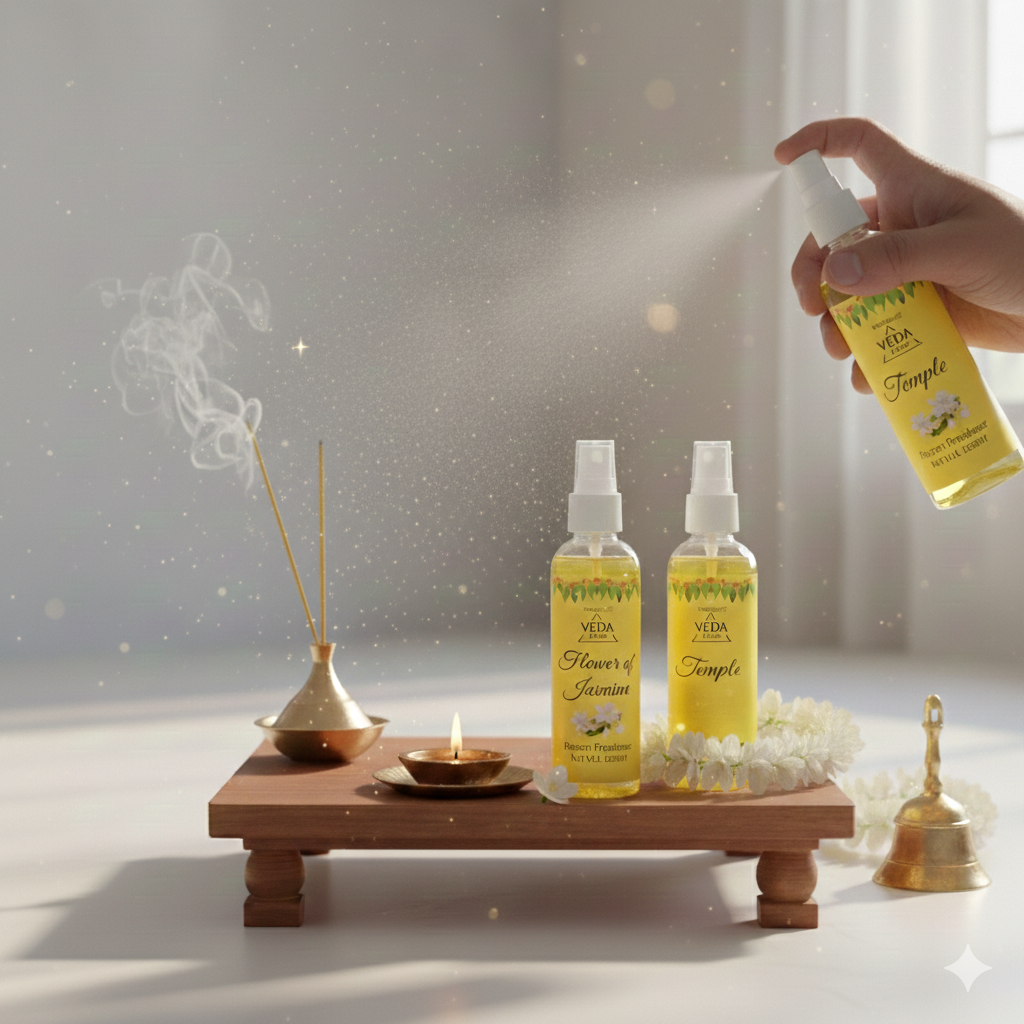 Temple and Jasmine fragrance spray bottles for puja room
