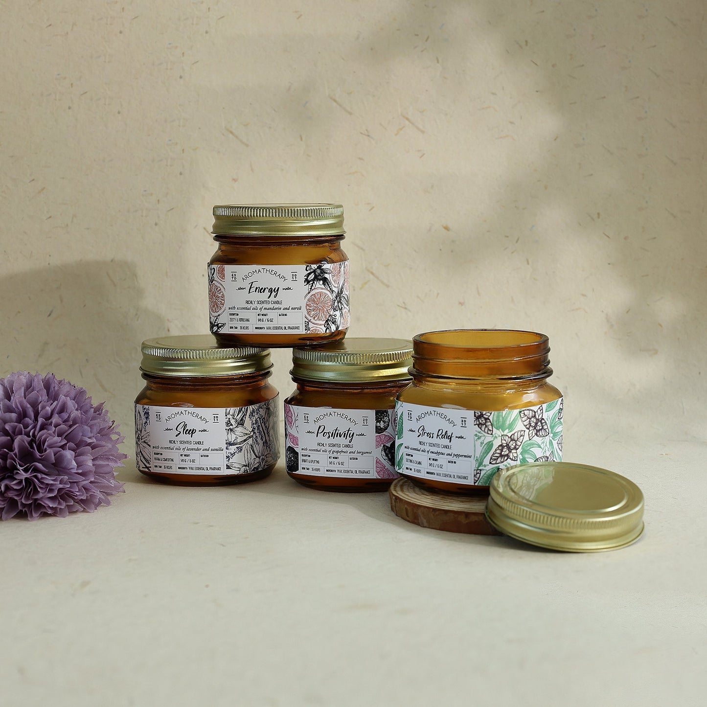 Copy of Scented Wax Candle - Set of 4 (35 Hours Burn Time, 141gm), Aromatherapy Collection Black Jars Candles Induces Energy, Positivity, Sleep & Stress Relief, Fully Refined Paraffin Wax, for Home Décor