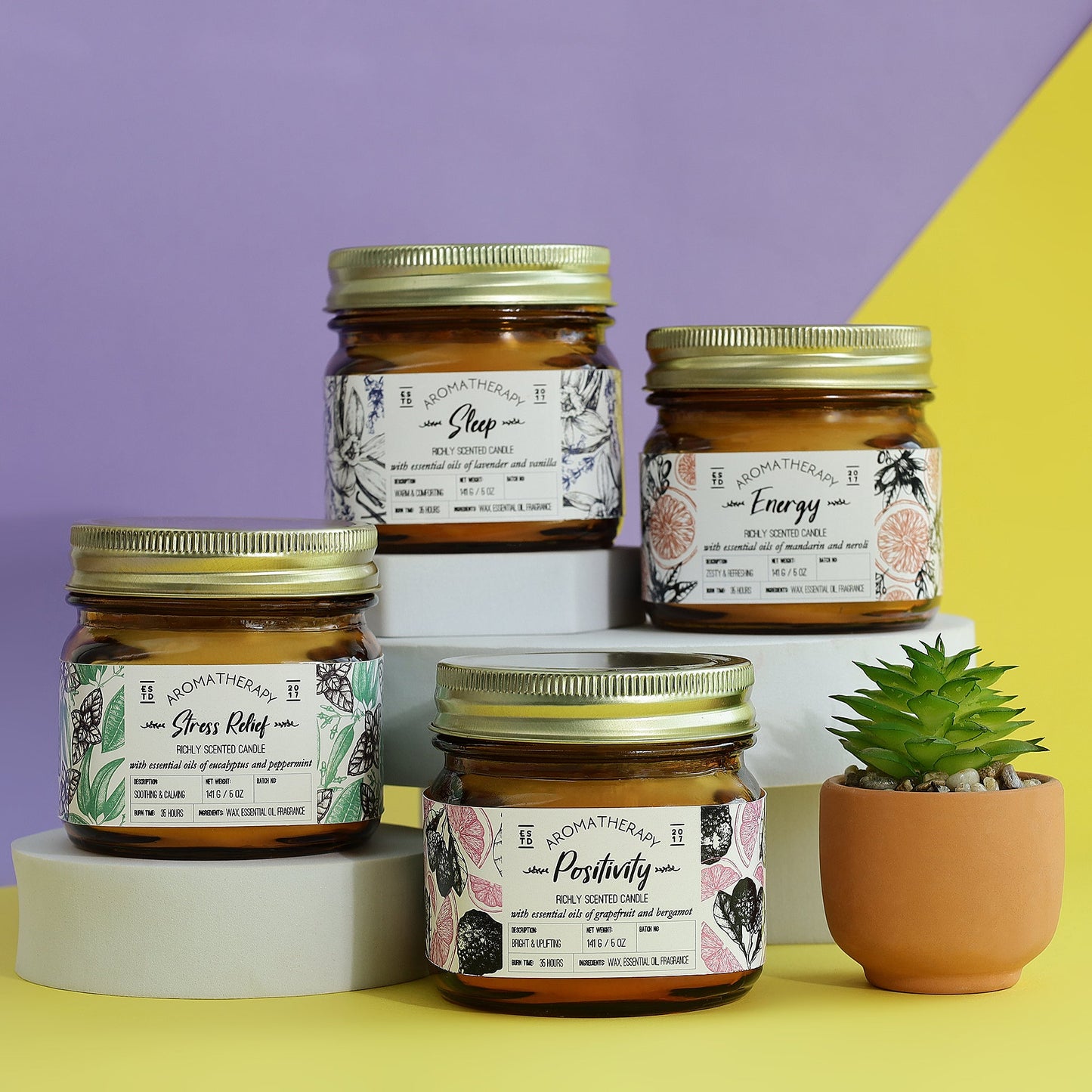 Copy of Scented Wax Candle - Set of 4 (35 Hours Burn Time, 141gm), Aromatherapy Jar Candles Induces Energy, Positivity, Sleep & Stress Relief, Fully Refined Paraffin Wax, for Home Décor