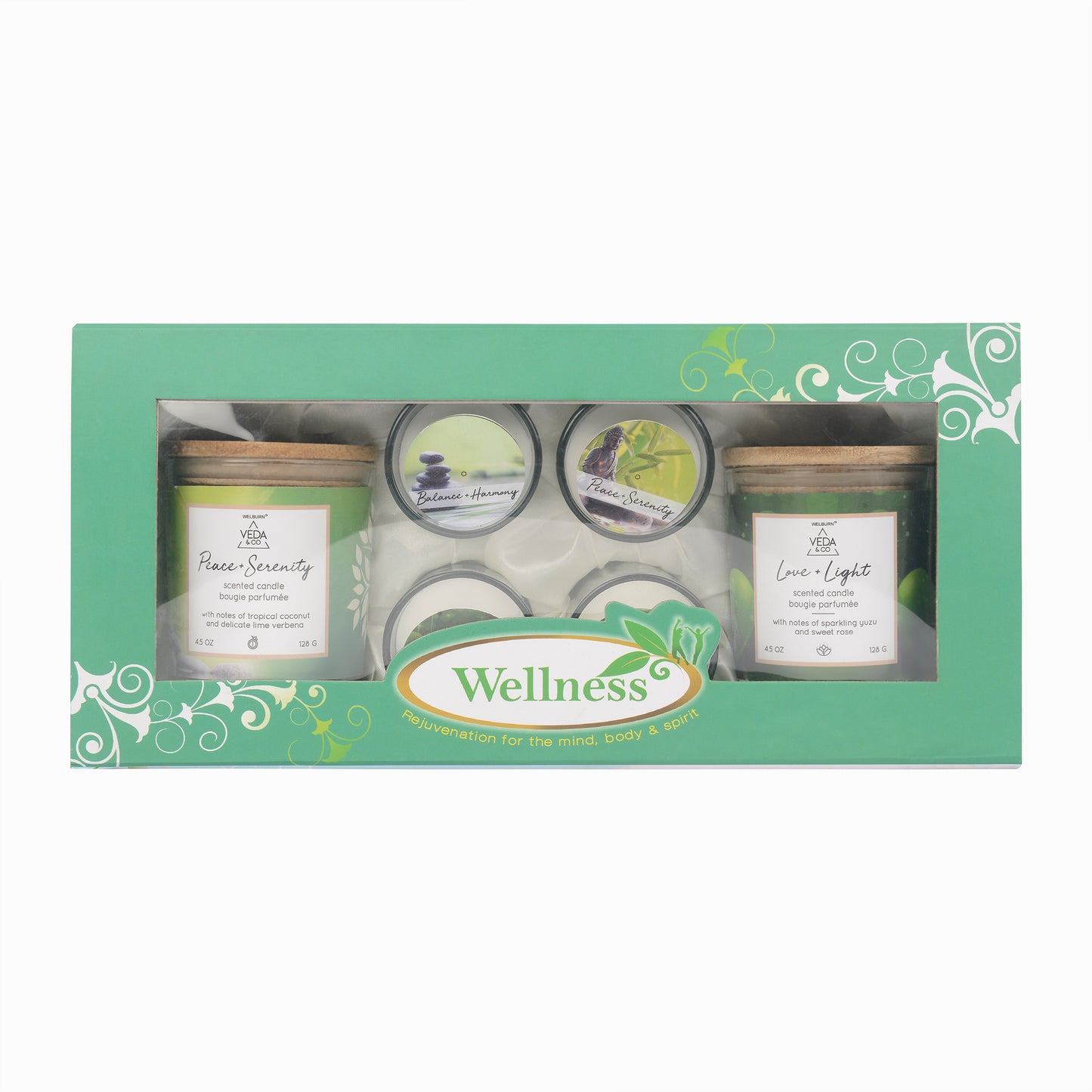 Wellness Gift Set - 2 x Jar Candle & 4 x Poured Glass Votive/Shot Glass Candle, Wellness for Mind & Body, Fully Refined Paraffin Wax, Paraben Free, for Home Décor, Offices